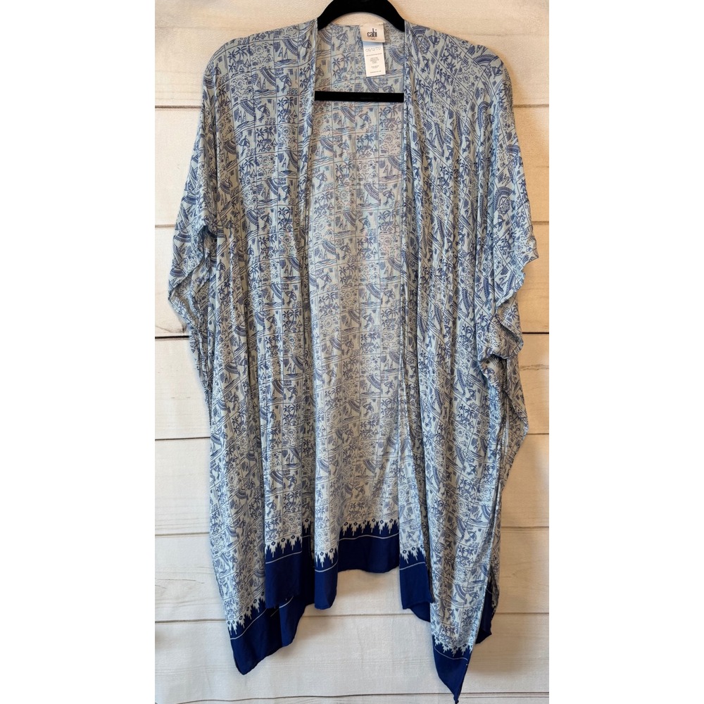 Cabi Coastline Kimono Blue White Nautical Print Open Front Wrap S99K1293 OS